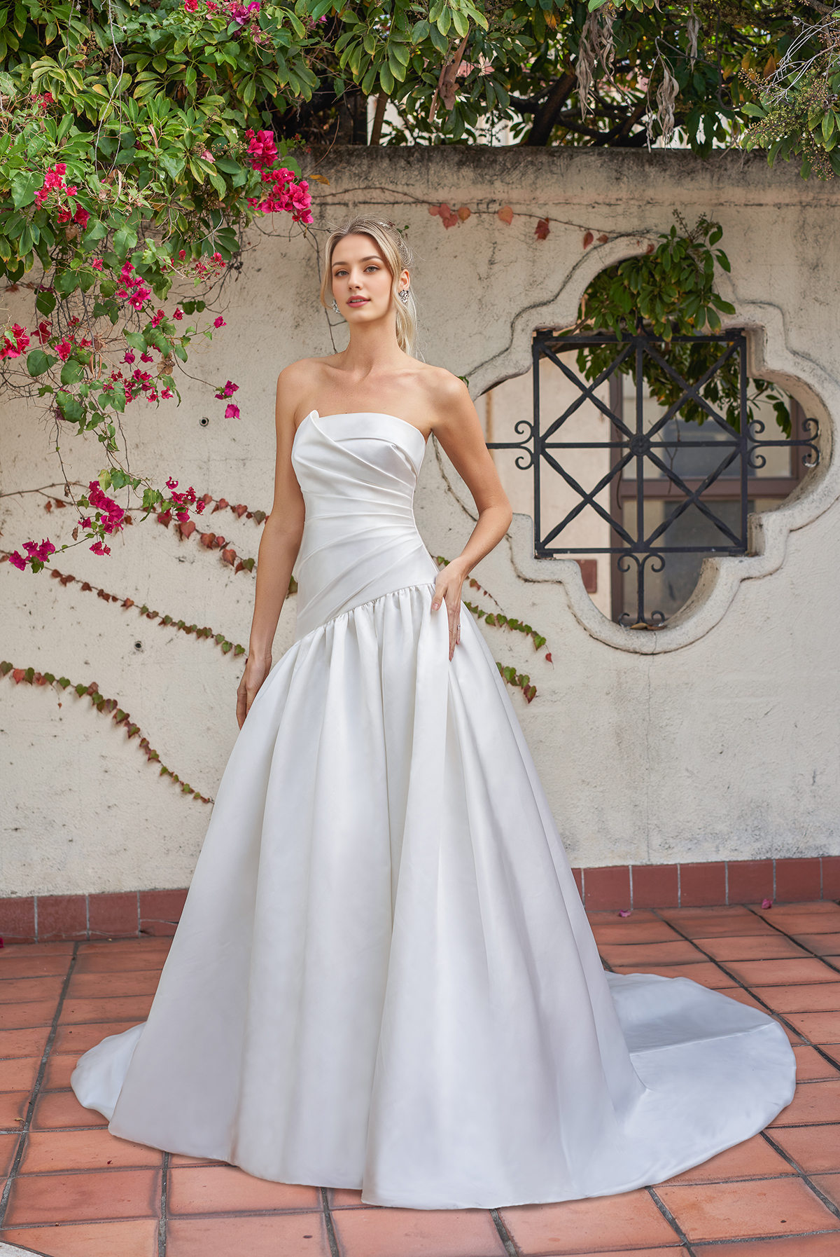 Off shoulder collar sleeveless strapless backless and floor length wedding dress